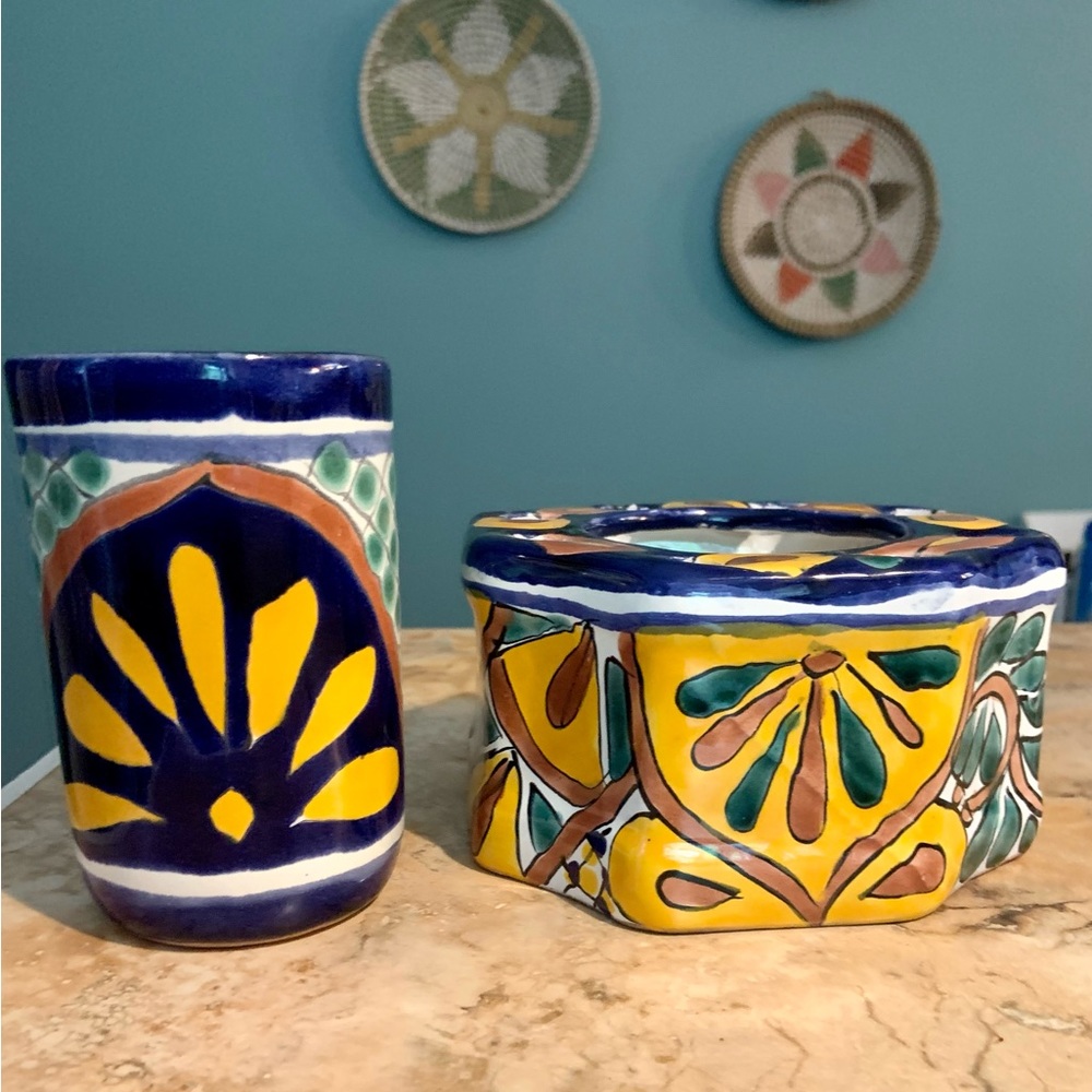 talavera 2 piece Talavera flower frog, and Tumblr tumbler
